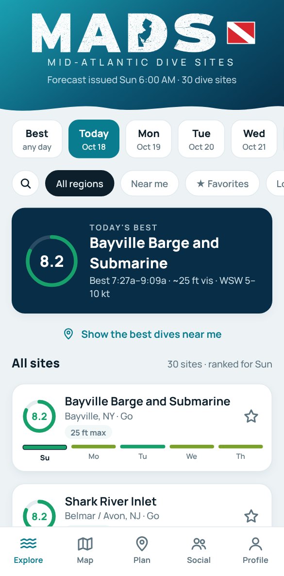 The MADS home screen: today's best dive near you